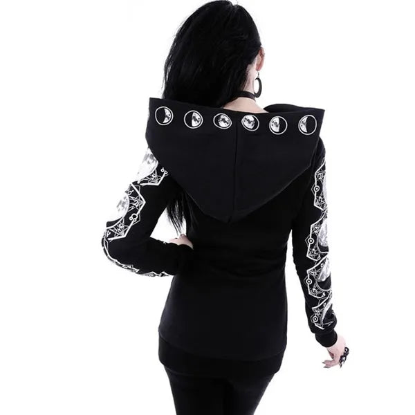 Gothic Occult Moon Phases Graphic Print Woman's Long Sleeve Fitted Hoodie w/Oversized Hood,Woman's Hoodie,The Gift Dimension