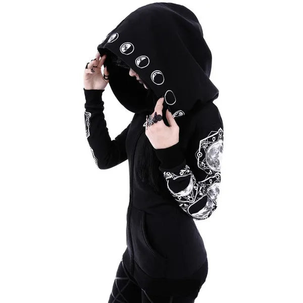 Gothic Occult Moon Phases Graphic Print Woman's Long Sleeve Fitted Hoodie w/Oversized Hood,Woman's Hoodie,The Gift Dimension