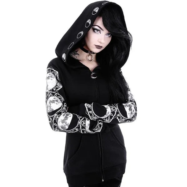 Gothic Occult Moon Phases Graphic Print Woman's Long Sleeve Fitted Hoodie w/Oversized Hood,Woman's Hoodie,The Gift Dimension