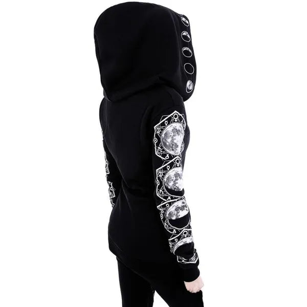 Gothic Occult Moon Phases Graphic Print Woman's Long Sleeve Fitted Hoodie w/Oversized Hood,Woman's Hoodie,The Gift Dimension