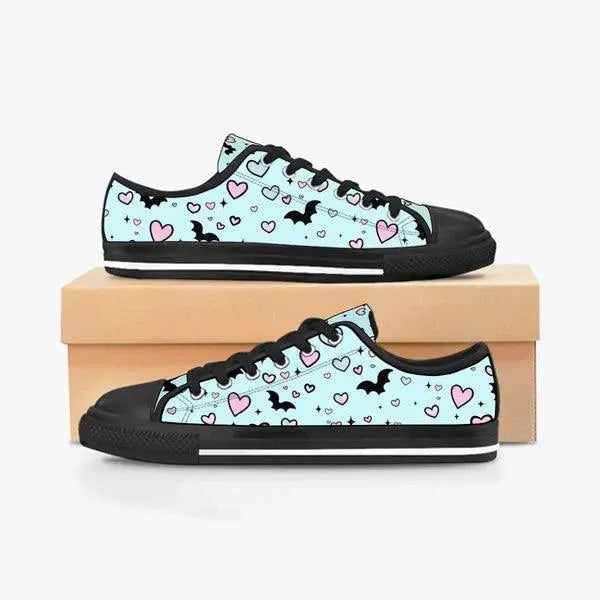 Pastel Goth Bat and Hearts Low Top Canvas Sneakers -In Lavender,,The Gift Dimension