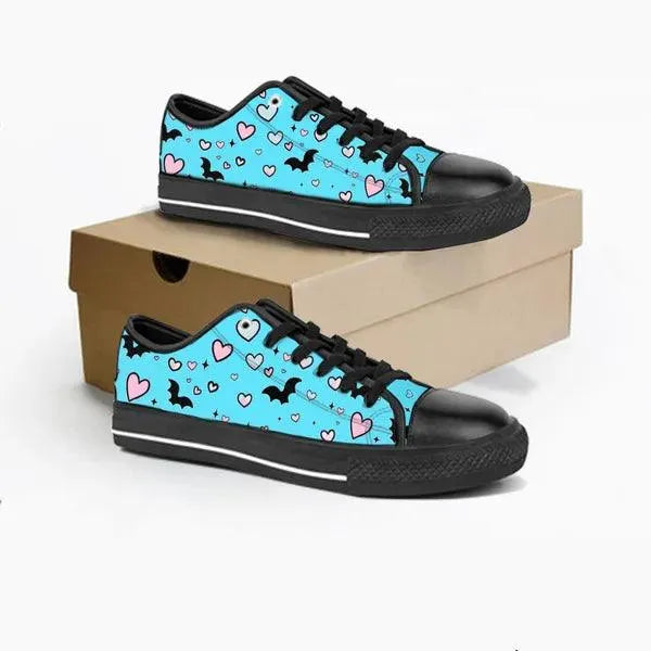 Pastel Goth Bat and Hearts Low Top Canvas Sneakers -In Lavender,,The Gift Dimension