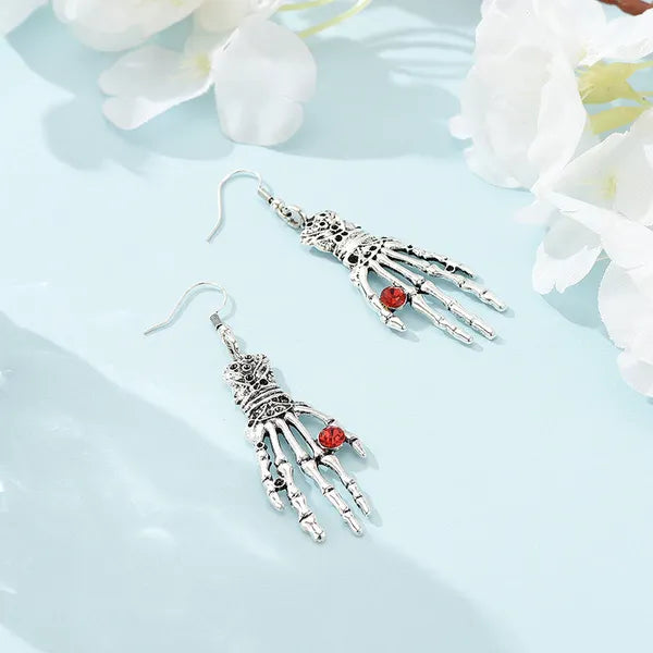 Goth Style Skeleton Hand Earings with Ruby Red Crystals.,Earrings,The Gift Dimension