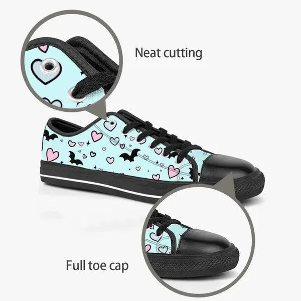 Pastel Goth Bat and Hearts Low Top Canvas Sneakers -In Lavender,,The Gift Dimension