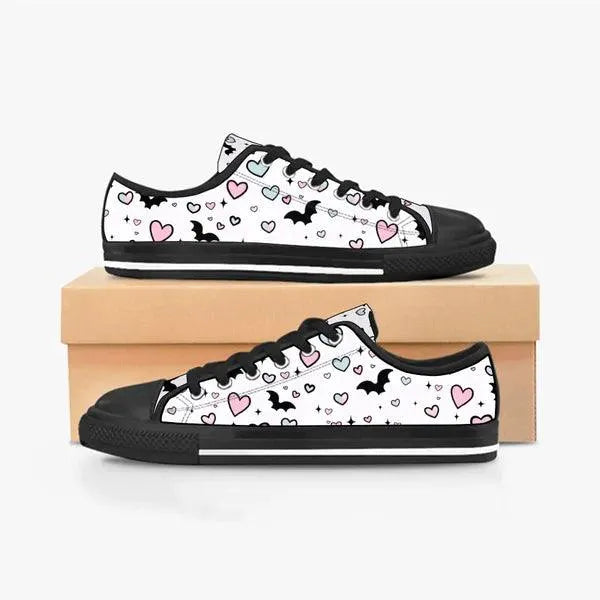 Pastel Goth Bat and Hearts Low Top Canvas Sneakers -In Lavender,,The Gift Dimension