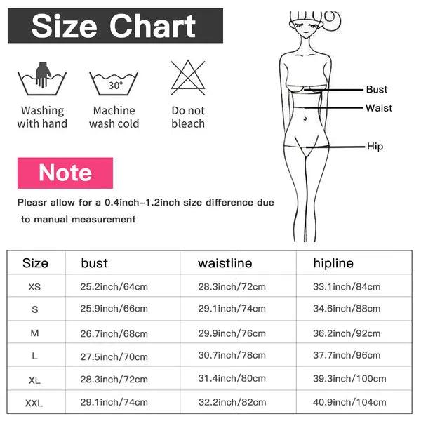 Sizing chart for 4 String Tied Bikini. Bust measurements: XS 25.2", S 25.9", M 26.7", L 27.5", XL 28.3", XXL 29.1". Waist measurements: XS 28.3", S 29.1", M 29.9", L 30.7", XL 31.4", XXL 32.2". Hip measurements: XS 33.1", S 34.6", M 36.2", L 37.7", XL 39.3", XXL 40.9