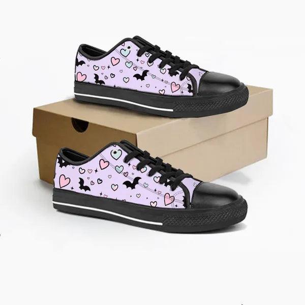 Pastel Goth Bat and Hearts Low Top Canvas Sneakers -In Lavender,,The Gift Dimension