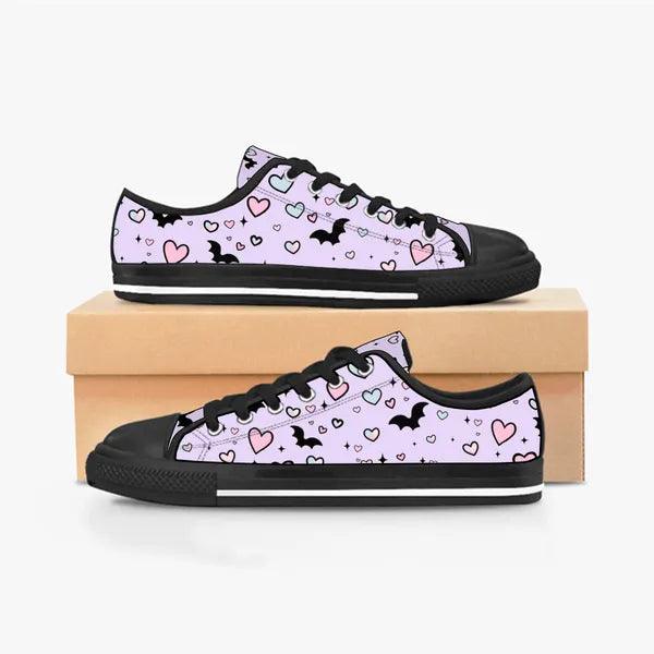Pastel Goth Bat and Hearts Low Top Canvas Sneakers -In Lavender,,The Gift Dimension