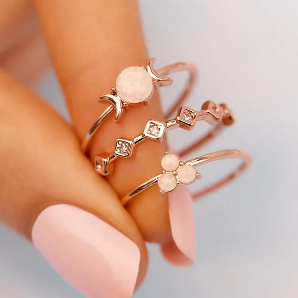 Rose Gold Simple🌛Tri-Moon🌜 Opal Geometric Three-piece Combined Ring Set, Cute & Dainty Ring Set. 💗Great for Valentine's Day💖,Rings,The Gift Dimension