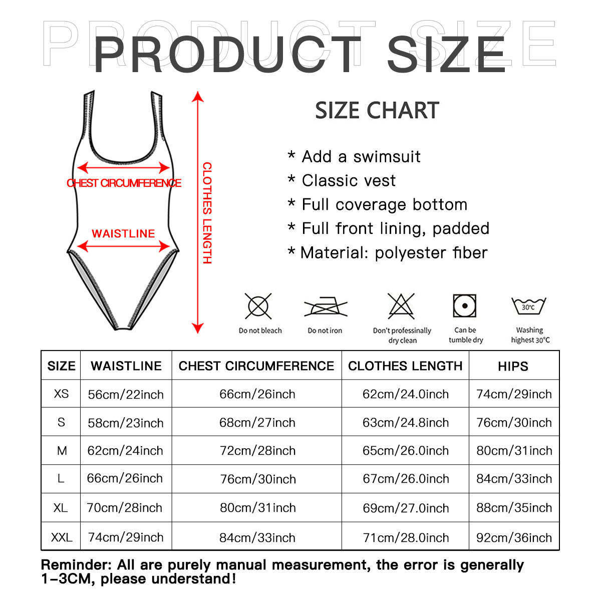 Size chart for a swimsuit with measurements and product details.