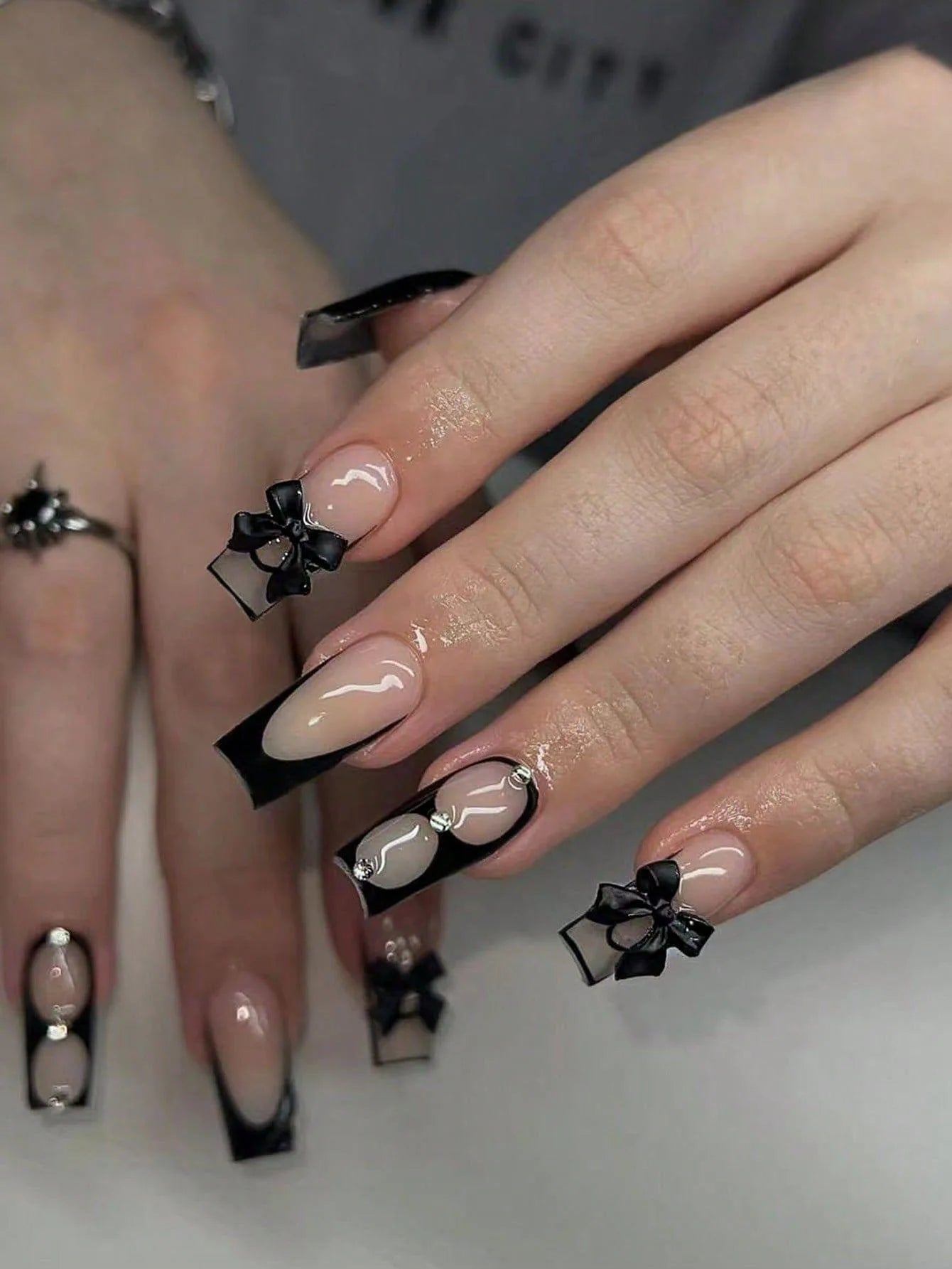 24PCS- Long coffin shaped fake nails, pink three-dimensional butterfly, pink flower decoration, suitable for dating, dinner