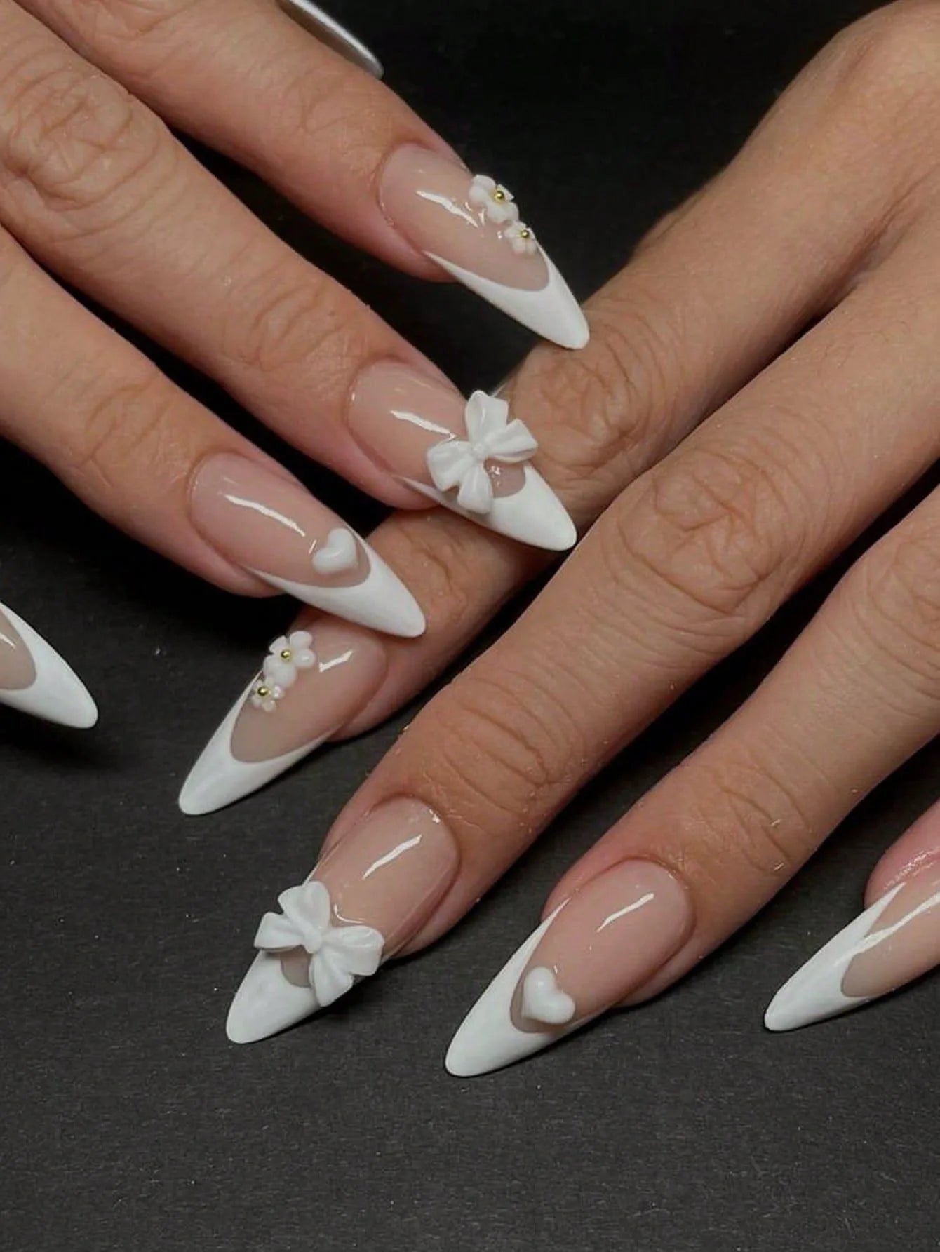 24PCS- Long coffin shaped fake nails, pink three-dimensional butterfly, pink flower decoration, suitable for dating, dinner