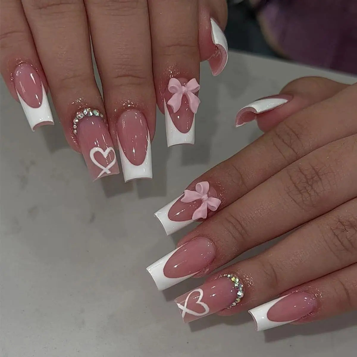 24PCS- Long coffin shaped fake nails, pink three-dimensional butterfly, pink flower decoration, suitable for dating, dinner