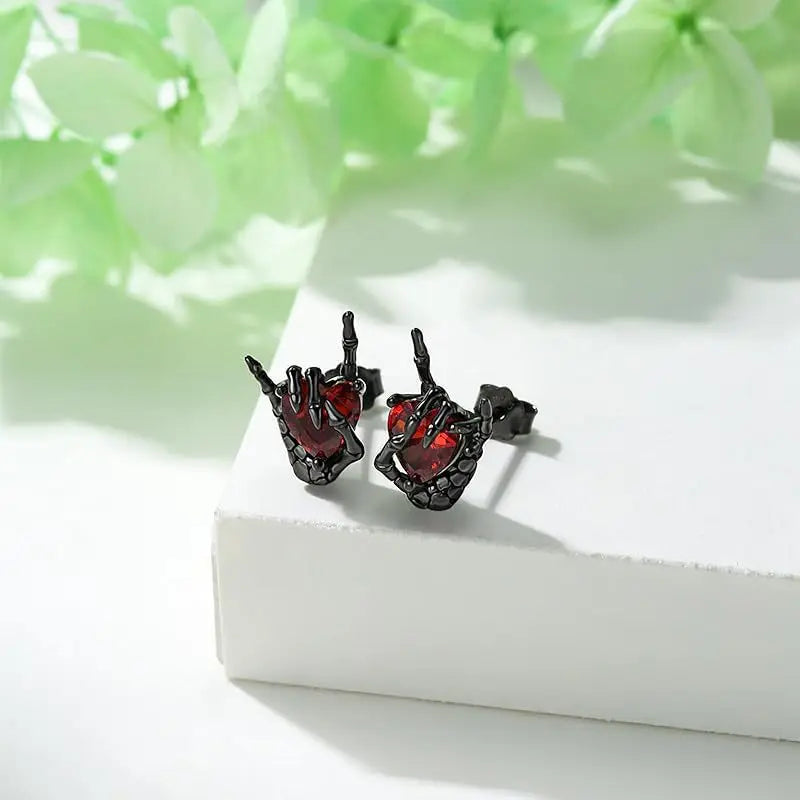 Goth Earrings- Dark Bone Hand & Heart Post Back Earrings- Punk Rock Jewelry "Great for Halloween"
