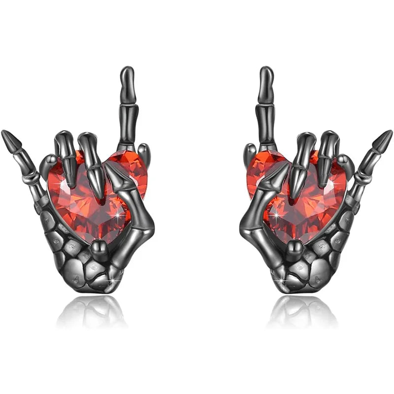 Goth Earrings- Dark Bone Hand & Heart Post Back Earrings- Punk Rock Jewelry "Great for Halloween"