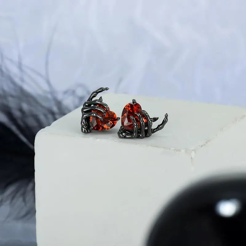 Goth Earrings- Dark Bone Hand & Heart Post Back Earrings- Punk Rock Jewelry "Great for Halloween"