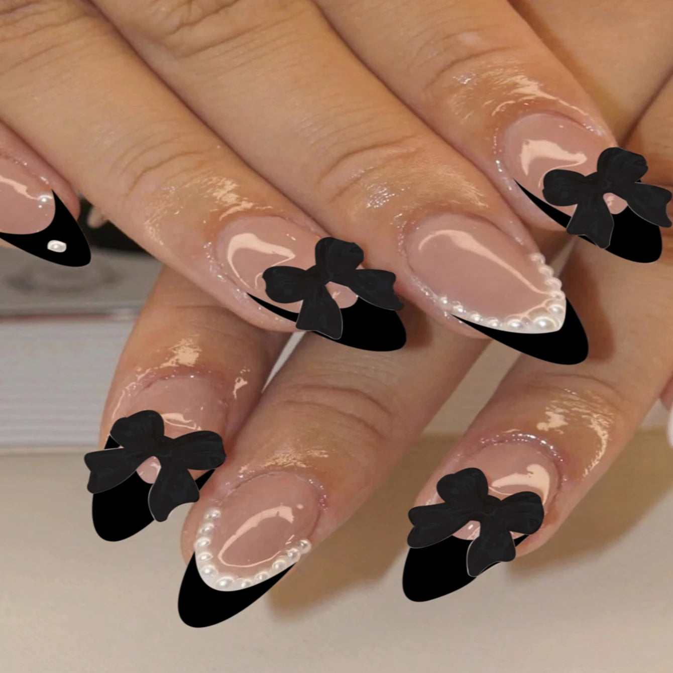 24PCS- Long coffin shaped fake nails, pink three-dimensional butterfly, pink flower decoration, suitable for dating, dinner