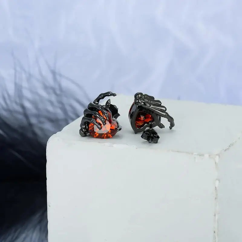 Goth Earrings- Dark Bone Hand & Heart Post Back Earrings- Punk Rock Jewelry "Great for Halloween"