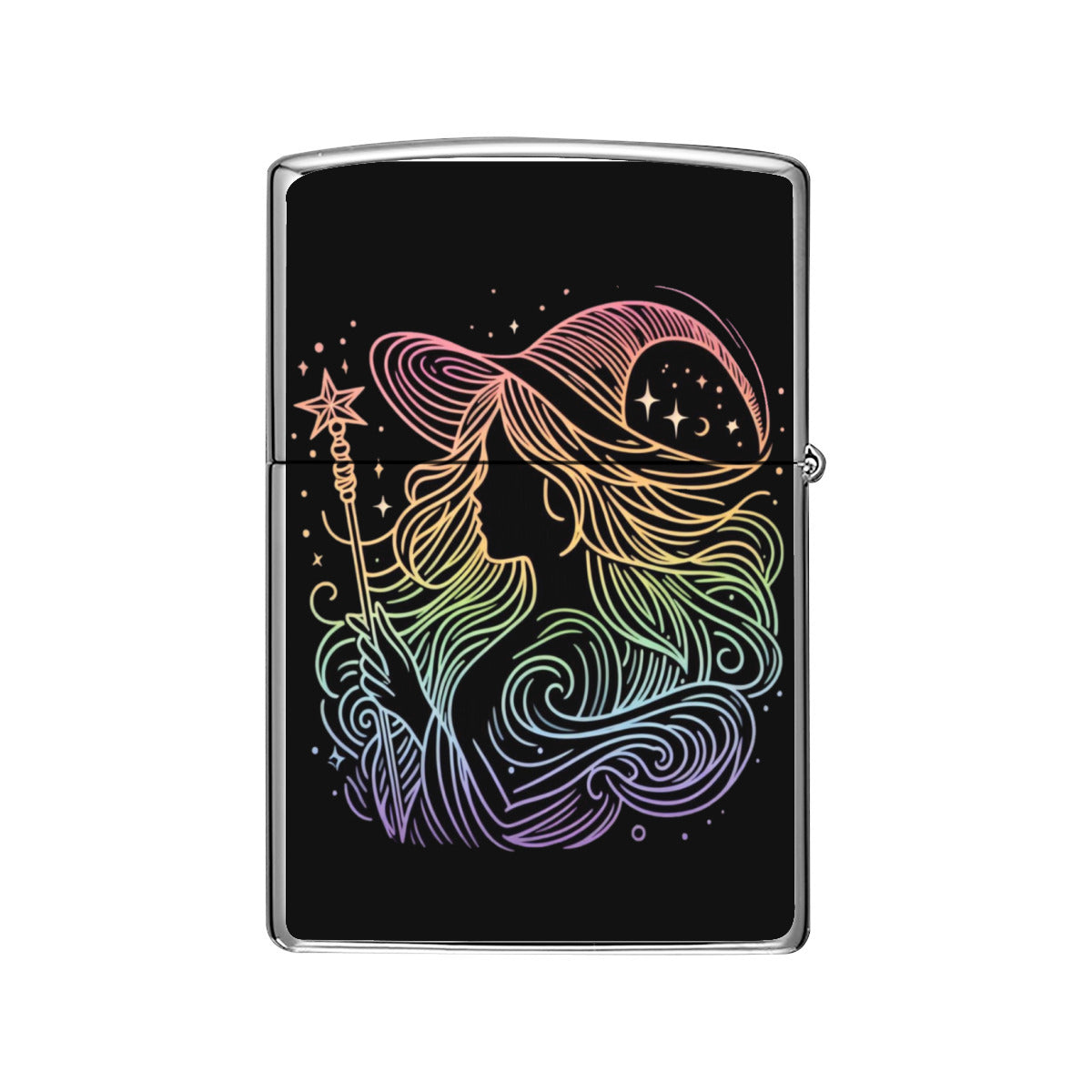 Enchanted Lighter Case: For Witchcraft Only! Silver / One Size Close up of Rainbow line gradient picturing a witch with wand and hat.