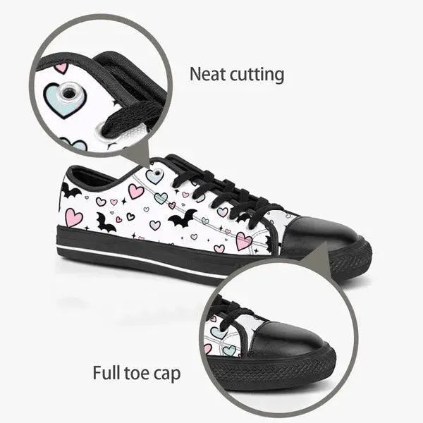 Pastel Goth Bat and Hearts Low Top Canvas Sneakers -In Lavender,,The Gift Dimension