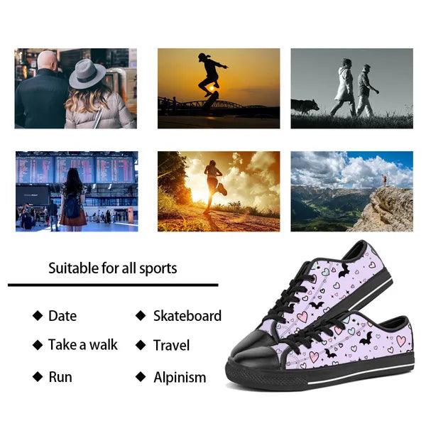 Pastel Goth Bat and Hearts Low Top Canvas Sneakers -In Lavender,,The Gift Dimension