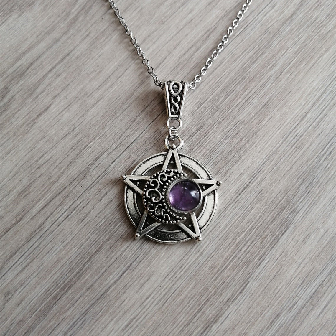 Pentagram Crescent Crystal Pendant Necklace - The Gift Dimension