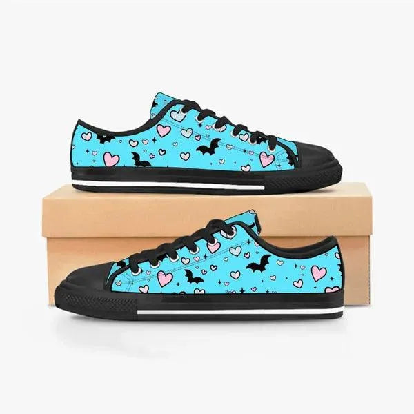 Pastel Goth Bat and Hearts Low Top Canvas Sneakers -In Lavender,,The Gift Dimension