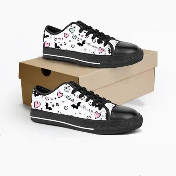 Pastel Goth Bat and Hearts Low Top Canvas Sneakers -In Lavender,,The Gift Dimension