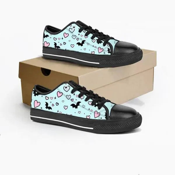 Pastel Goth Bat and Hearts Low Top Canvas Sneakers -In Lavender,,The Gift Dimension