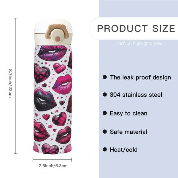 💞Hearts and Lipstick Kisses 💄💋Heavy Duty 15oz Stainless Steel Tumbler- Get up to12hrs Hot/20hrs Cold- Great Gift for Valentine's Day!,Tumblers,The Gift Dimension