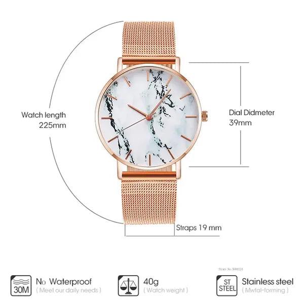 Rose Gold Mesh Band Marble Watch,,The Gift Dimension