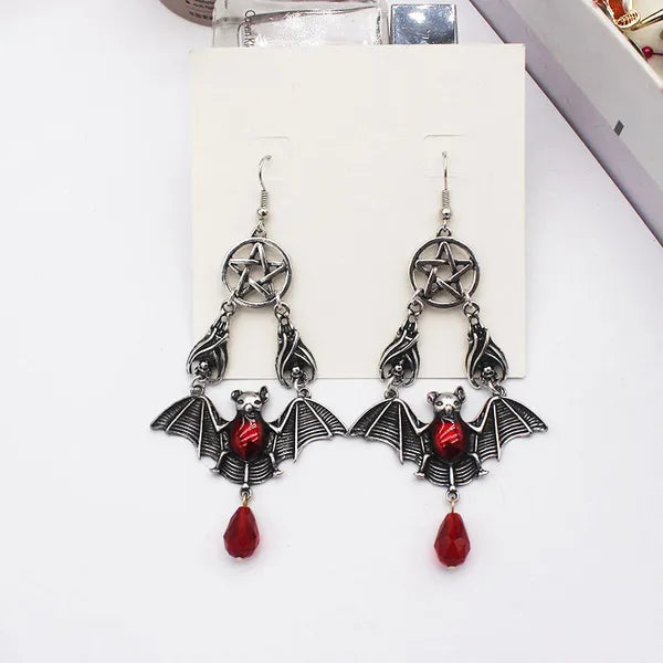 Hand-Crafted Gothic Ruby Bats and Stars, Teardrop Earrings.,Jewelry,The Gift Dimension