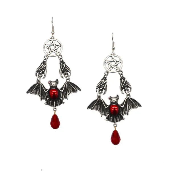 Hand-Crafted Gothic Ruby Bats and Stars, Teardrop Earrings.,Jewelry,The Gift Dimension