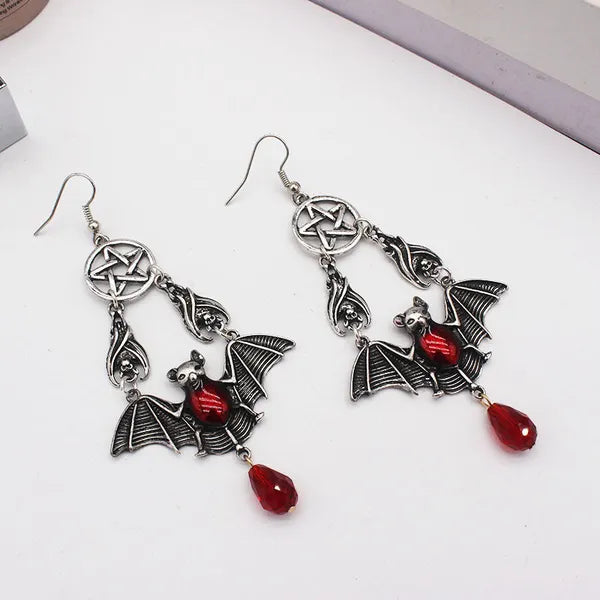 Hand-Crafted Gothic Ruby Bats and Stars, Teardrop Earrings.,Jewelry,The Gift Dimension