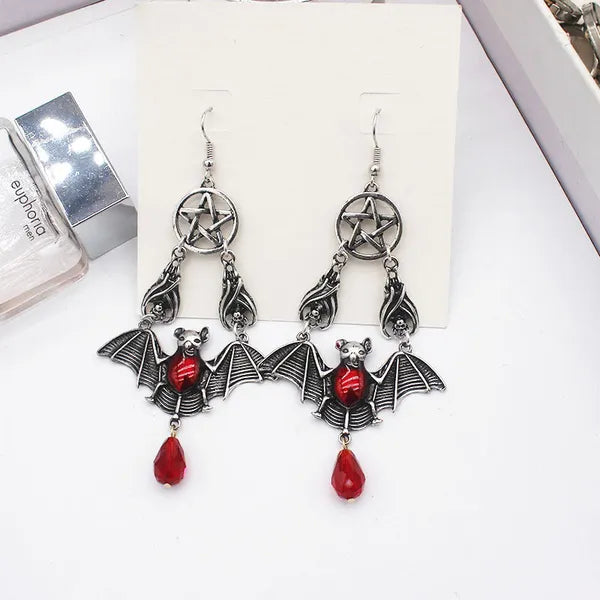 Hand-Crafted Gothic Ruby Bats and Stars, Teardrop Earrings.,Jewelry,The Gift Dimension