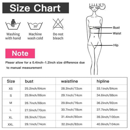 Sizing chart for 4 String Tied Bikini. Bust measurements: XS 25.2", S 25.9", M 26.7", L 27.5", XL 28.3", XXL 29.1". Waist measurements: XS 28.3", S 29.1", M 29.9", L 30.7", XL 31.4", XXL 32.2". Hip measurements: XS 33.1", S 34.6", M 36.2", L 37.7", XL 39.3", XXL 40.9