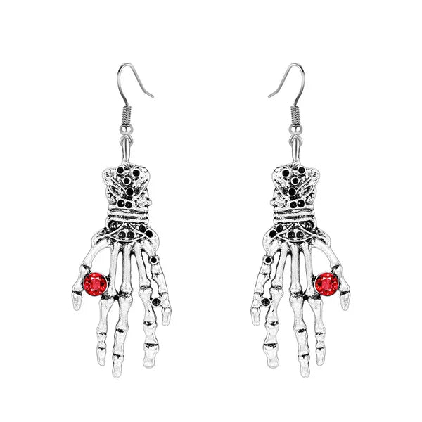 Goth Style Skeleton Hand Earings with Ruby Red Crystals.,Earrings,The Gift Dimension