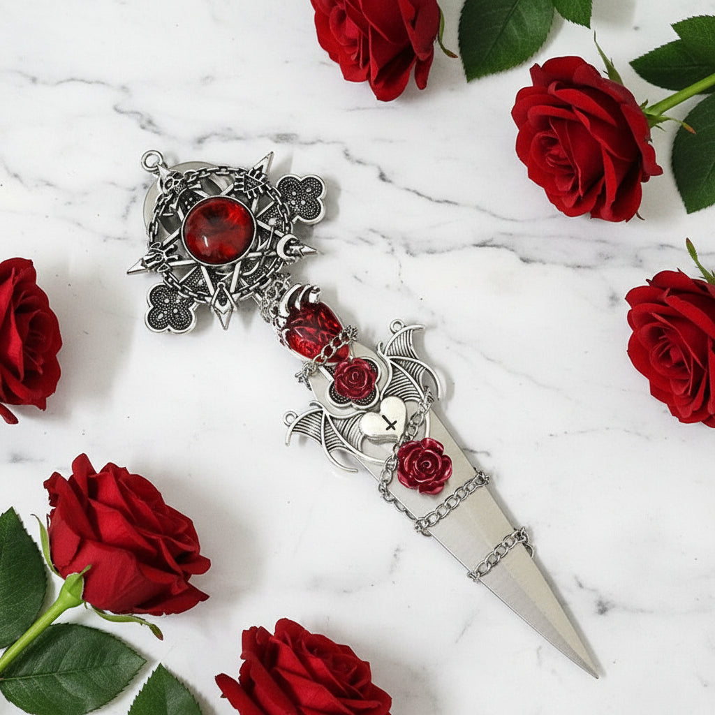Decorative Athame with Red roses and a Star and cross hilt Bat wings on the blade and wrapped in Delicate chain embellishment