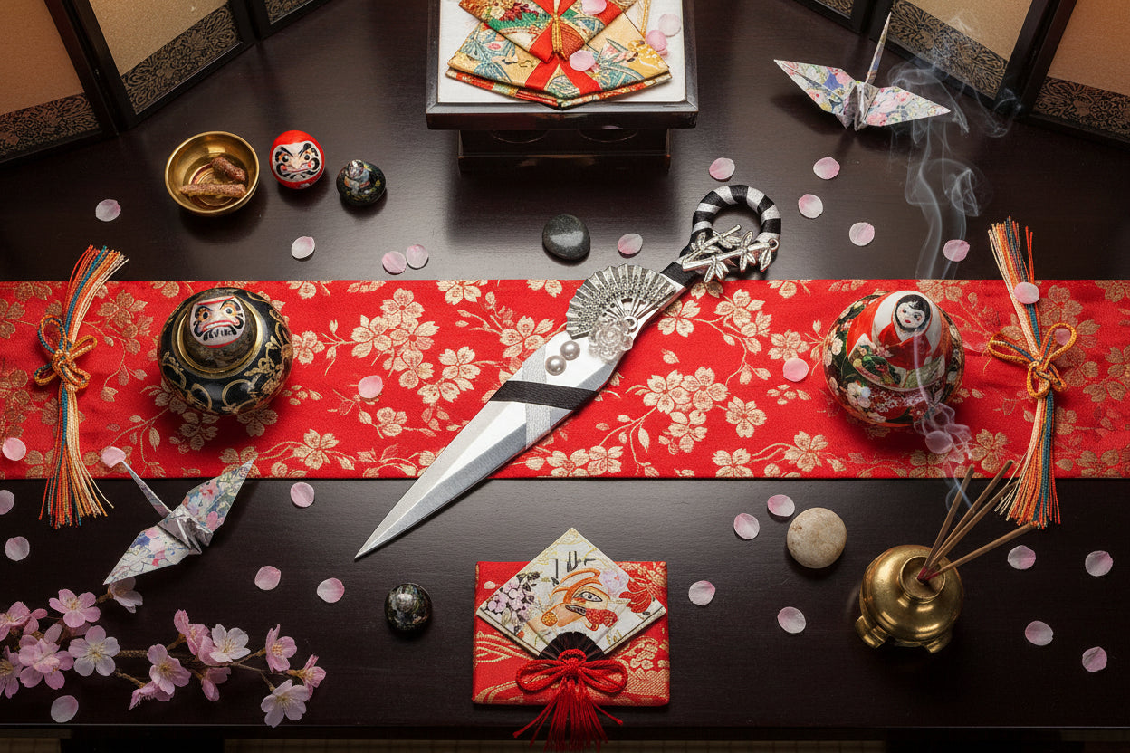 Geisha Themed Athame with decorative Fan, lace, and pearl embellishments