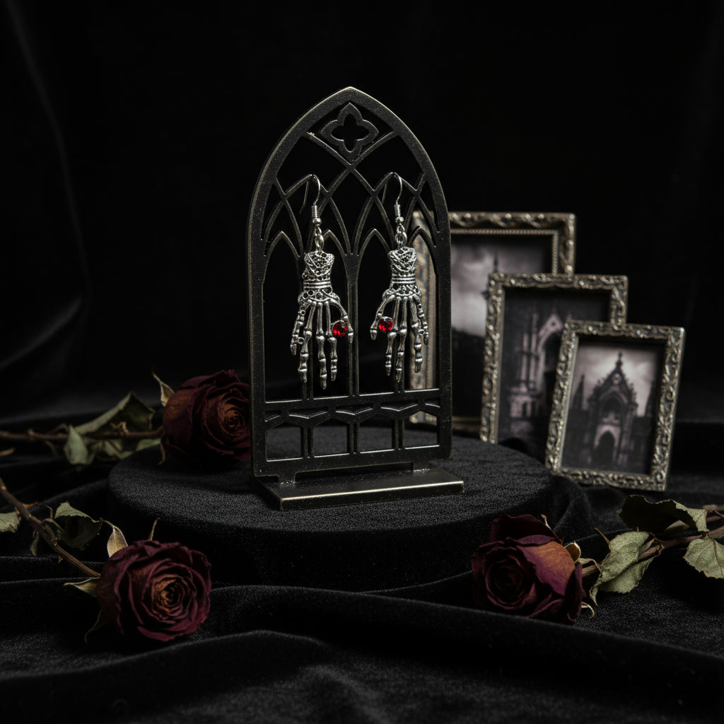 Goth Style Skeleton Hand Earrings with Ruby Red Crystals on Goth Display, Earrings, The Gift Dimension