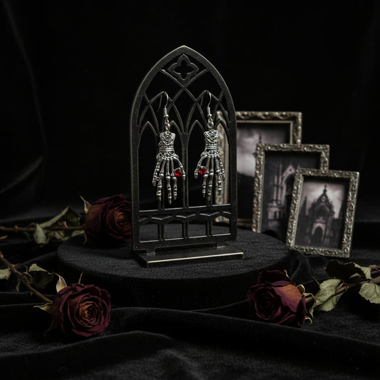 Goth Style Skeleton Hand Earrings with Ruby Red Crystals on Goth Display, Earrings, The Gift Dimension