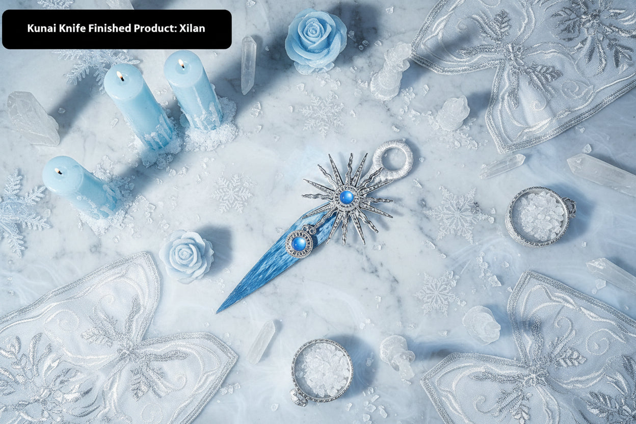 Ice Queen Decorative Athame on icy background with blue candles