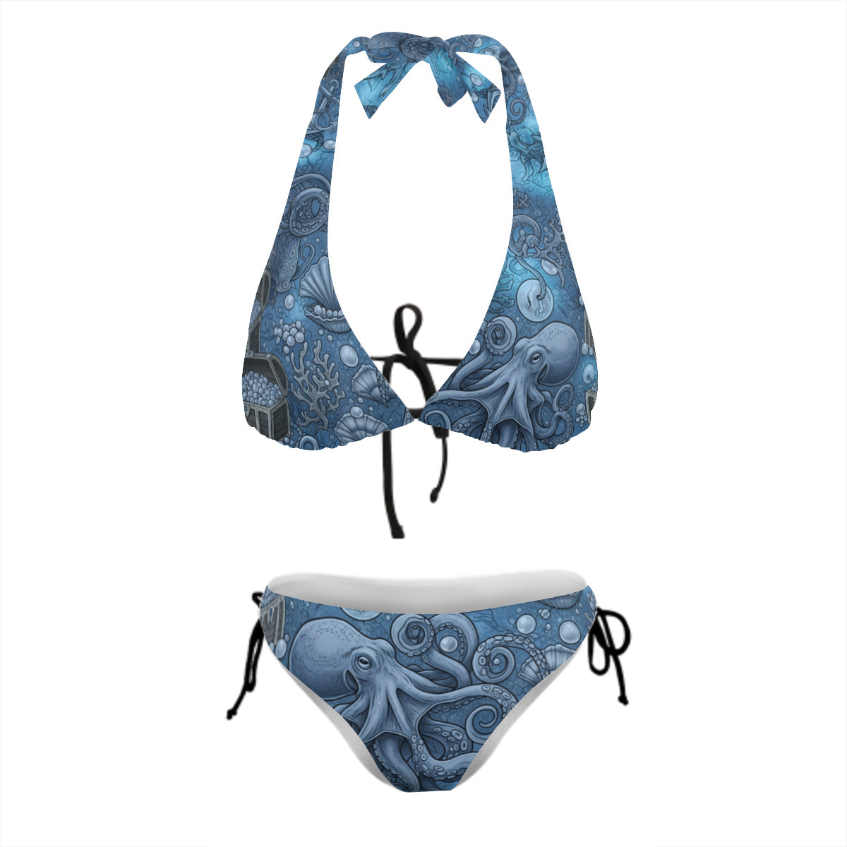 Into The Deep Blue octopus patterned bikini set on a white background