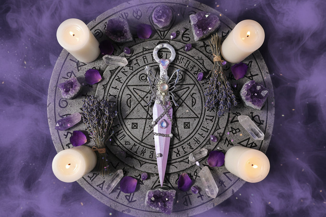 Decorative knife with gemstones on altar