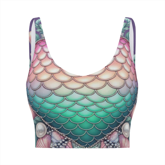 A multicolored ombre yoga top with a mermaid scale pattern, featuring a low neckline and U-shaped back.