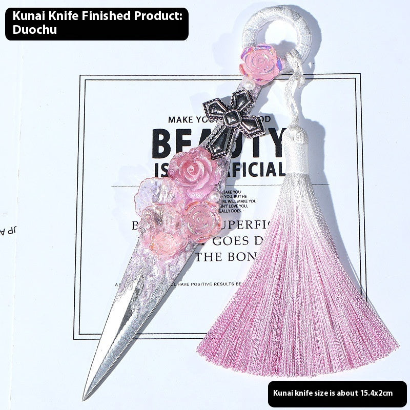 Pink Priestess Decorative Athame with pink and white tassel with pink rose embellishments and silver cross