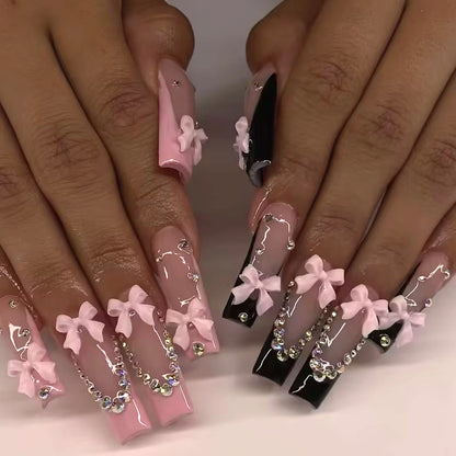 24PCS- Long coffin shaped fake nails, pink three-dimensional butterfly, pink flower decoration, suitable for dating, dinner