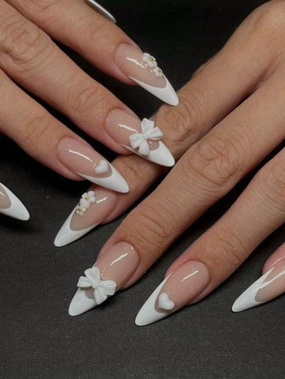 24PCS- Long coffin shaped fake nails, pink three-dimensional butterfly, pink flower decoration, suitable for dating, dinner