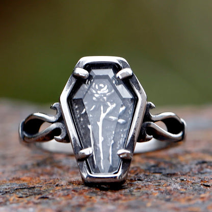 Gothic Ring - Style - Glass Coffin with Delicate Hammered Flower Detail.  Great For Vampire Balls, Events, and Gifting
