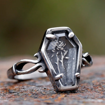 Gothic Ring - Style - Glass Coffin with Delicate Hammered Flower Detail.  Great For Vampire Balls, Events, and Gifting